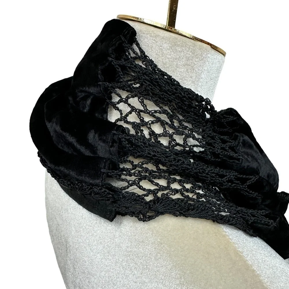 Whimsigoth Black Velvet Lace Fringe Scarf, Vintage Elegance